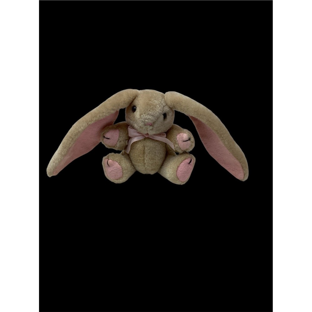 Vtg Wangs Int'l  Inc Tan Pink Bunny Rabbit Plush Pink Bow 4" Jointed Long Ears